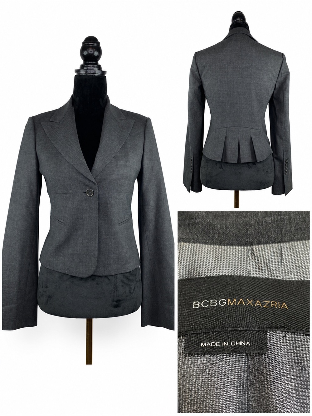 BCBG MaxAzria Y2K Wool Blazer Pleated Structured Cinched Waist Grey